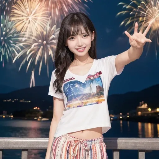 Under the night sky where the fireworks shine brightly, a person wearing a full-length white printed T-shirt and shorts is having fun with his arms outstretched.The person's expression is filled with joy, and the colors of the fireworks are vivid. The live...