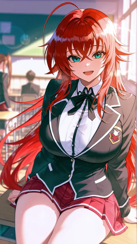 masterpiece, best quality, ultra-detailed, illustration, colorful, depth of field, lens flare, rias gremory, anime, sitting, looking at viewer, school, classroom, detailed skin texture, detailed cloth texture, beautiful detailed face, smile, open mouth