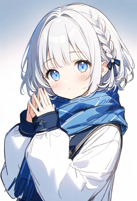 1girl, solo, blue eyes, blue scarf, scarf, looking at viewer, long sleeves, puffy long sleeves, blush, steepled fingers, puffy sleeves, white hair, sketch, simple background, closed mouth, sleeves past wrists, short hair, white background, hands up, upper ...