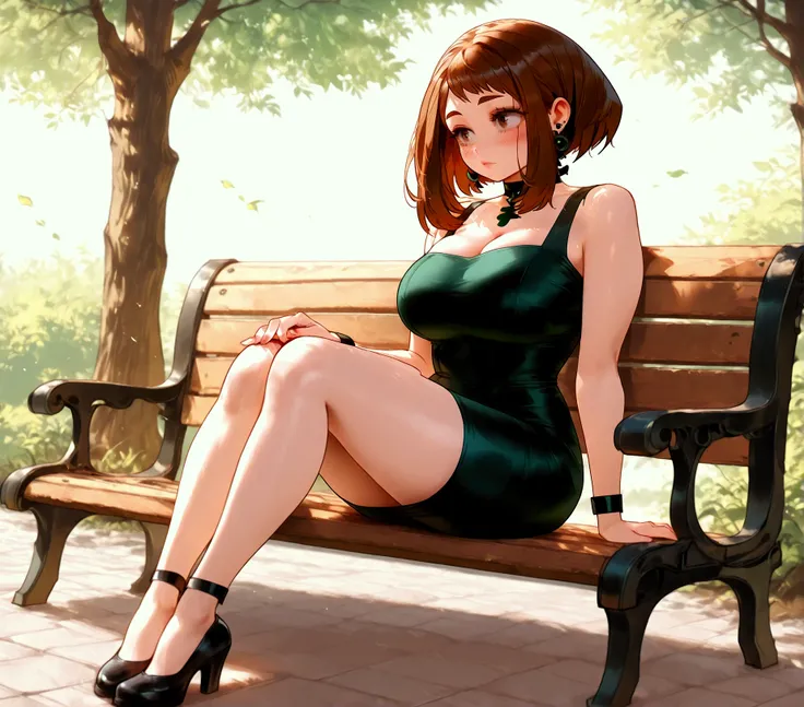 Uraraka, big breasts, she has a black ruffled party minidress with a sexy neckline, black earrings and black bracelets, she is sitting on a bench in the park under the moonlight and at night, you can see her almost with her full body.