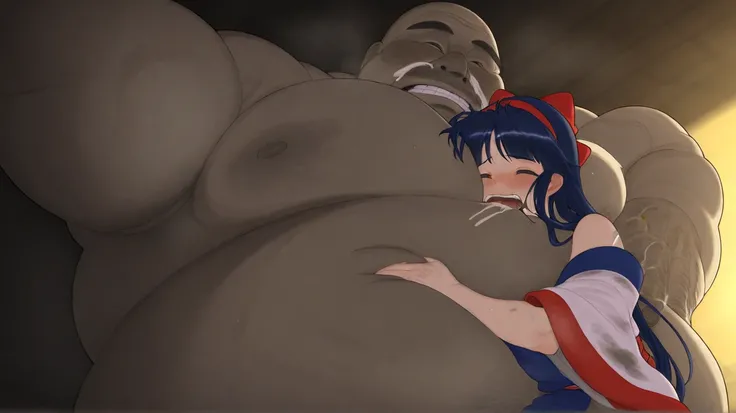 Fat huge man blocking Nakoruru's mouth with his palm、Giant and Fat with dirty hands hug you from behind、fat man in dirty clothes、Abnormally bulging body 、Nakoruru is suffering、Mucus、