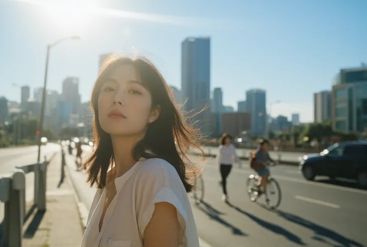 A warm sunlight casts a gentle glow, a woman standing on Beside the building city of Business district. hair sway softly in the breeze, with a People rushing during rush hour. popular korean makeup, thin lips, anime still, shirt, pfp, modern haircut, as a ...