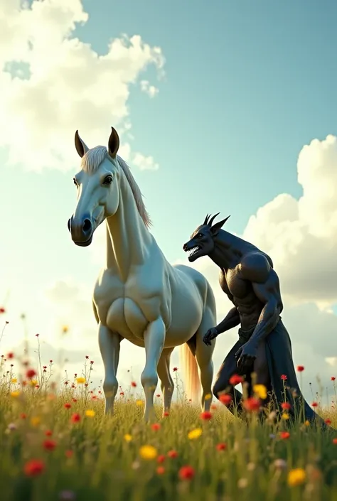 3D Realistic. *A mighty white horse stands in a meadow, with a sinister Devil whispering in his ear. The horse's eyes began to show anger after hearing Satan's deception.*