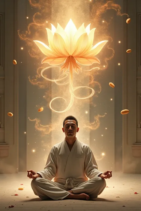 A man meditates ， and Master Lotus Peanuts appears inside