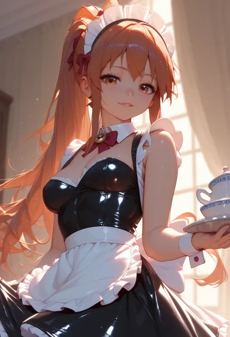 solo,1girl,latex maid, dress, bare shoulders, apron, sakura_miko, konya_karasue
