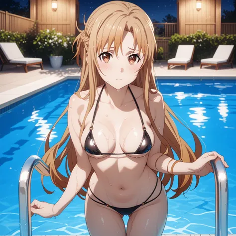 yuuki asuna, 1girl, solo, braid, french braid, thigh gap, Tempting body, gradient hair, glossy skin, glistening skin, Bikini Swimwear, Bikini bottoms, sexy pose, blush, shy, Pose seductively, Posing provocatively, Wet body, pool, night, looking at viewer, ...