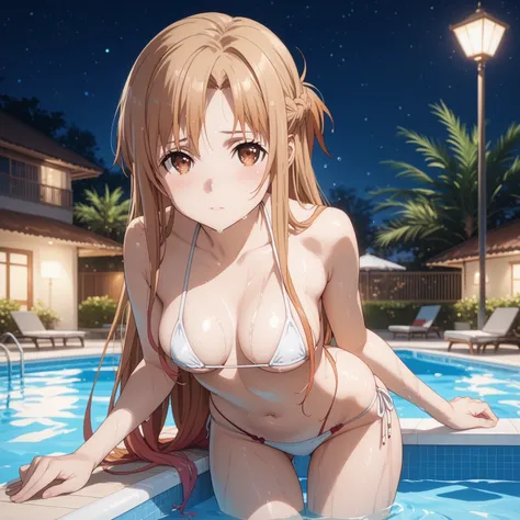 yuuki asuna, 1girl, solo, braid, french braid, thigh gap, Tempting body, gradient hair, glossy skin, glistening skin, Bikini Swimwear, Bikini bottoms, sexy pose, blush, shy, Pose seductively, Posing provocatively, Wet body, pool, night, looking at viewer, ...