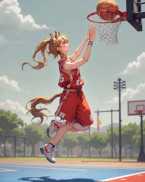 (furry , 1 giraffe girl , petit tits  , ponytail , loose baggy basketball uniform , dunk shoot) , (areola:0.8)