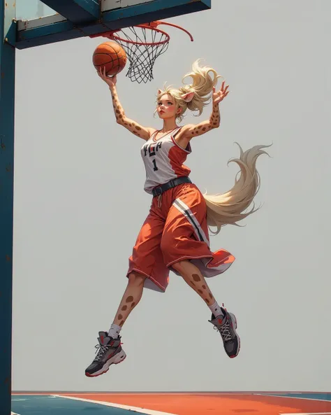 (furry , 1 giraffe girl , petit tits  , ponytail , loose baggy basketball uniform , dunk shoot) , (areola:0.8)