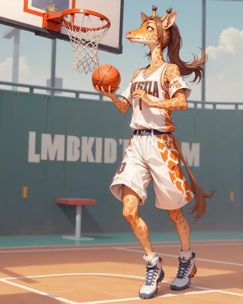 (furry , 1 giraffe girl , petit tits  , ponytail , loose baggy basketball uniform , dunk shoot) , (areola:0.8)