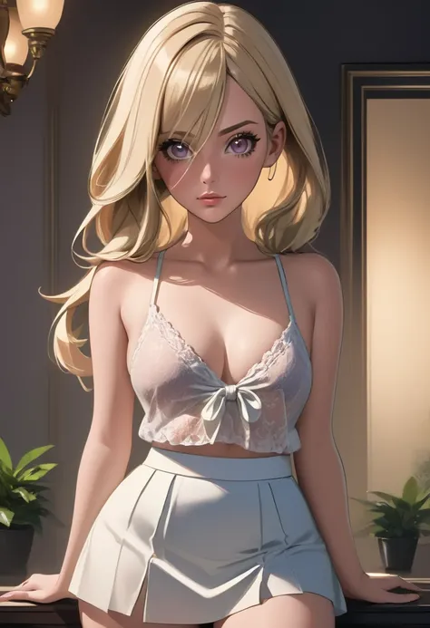  masterpiece,  absurdities , Hanabi\(boruto\), 1 ,  alone, mature woman ,  detailed bra lenjerie,  detailed thong lenjerie,  wearing an open shirt, open blouse, wearing a skirt, Open skirt),  perfect composition ,  detailed lips, Mom,  pretty face,  body r...