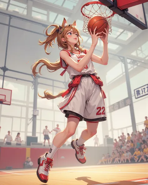 (furry , 1 giraffe girl , petit tits  , ponytail , loose baggy basketball uniform , dunk shoot) , (areola:0.8)