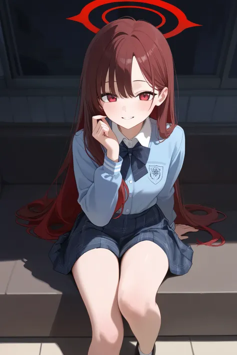 1 girl, Hair length reaches the back, Brown hair and red hair on the edges of the hair, red eyes, but not bright, wear a sexy school outfit, หน้าอกไซส์ปานกลาง, have a red halo