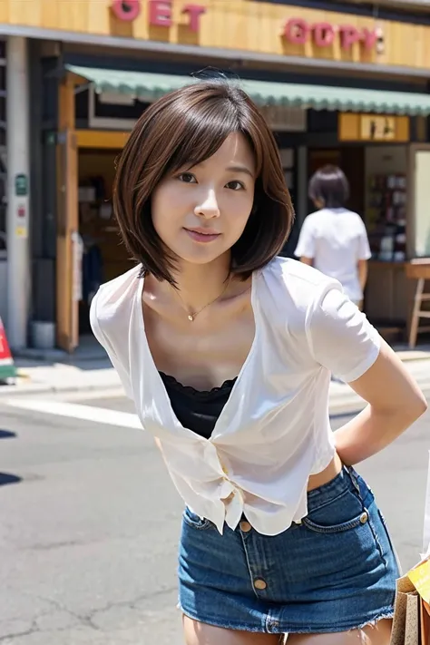 35-year-old Japanese woman with beautiful breasts and short black hair、Open chest shirt and miniskirt、At the shopping center