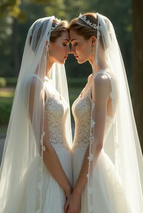 A bride with a very beautiful veil and another bride without a very poor veil