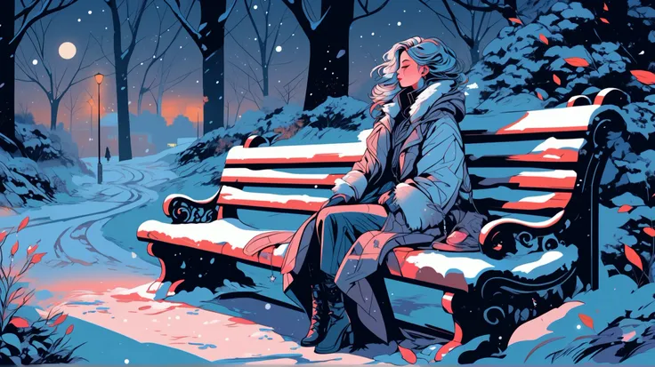 Snowy night in the garden, footprints on the snow. The moon shines in the sky and white lights illuminate the path. Dead leaves litter the ground and one woman with stylish hair and fashionable clothes  sits on a bench, ((illustrator)), flat color, stylish...