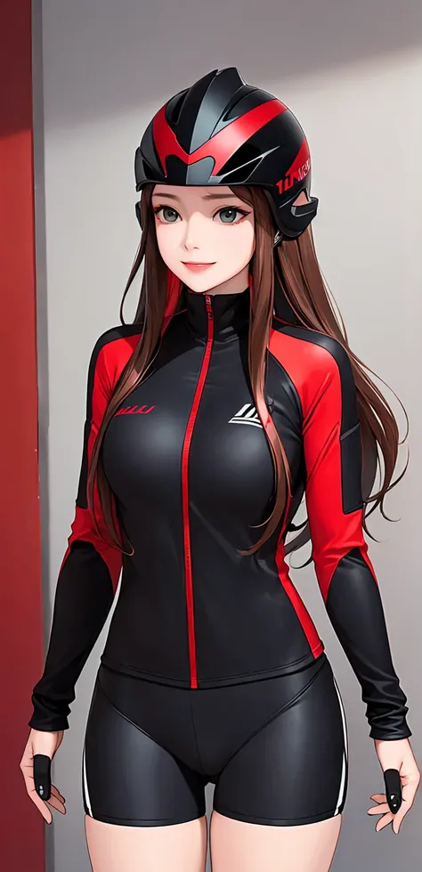 woman is smile, long hair brown, helmet normal, she is solo, from alternative world ,best quality, realistic, cycling full red black color suit and cycling sports shorts, she is stand , makeup face