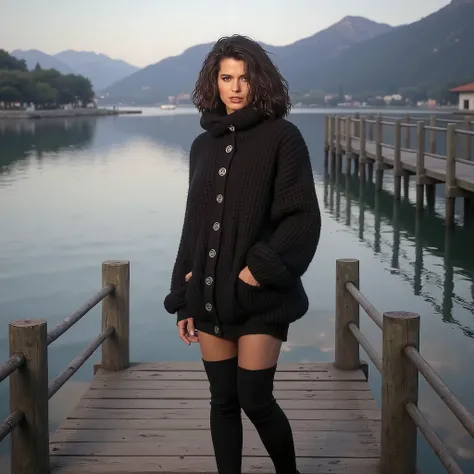 an Italian woman wearing a warm long sleeve black long crocheted wool cardigan with big buttons and black Extra Long Thigh High Socks is standing on a large jetty at the water of a lake in Italy, late afternoon, temptation, desire,,photorealistic, photorea...