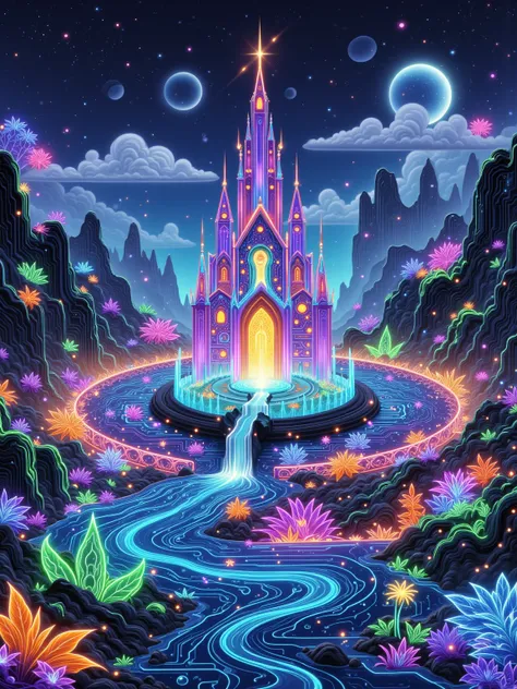 (Neon), Circuit Board, (moon:1.5), (Bubbles), (fireworks:1.5), Dreams, (Psychedelic), (Neon light), (A peaceful and magical dream castle), In this vibrant, Charming surroundings, center, A dreamy and majestic castle, Central Lake, Surrounded by a variety o...