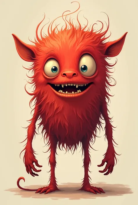 create a monster that is hairy, skinny, has 3 legs, a square head, no tail, red pigment of hair and skin, have large round eyes, a circular mouth, rounded sloppy ears, and long arms like spaghetti but keep it cartoony and cute