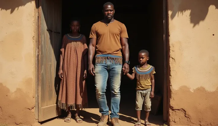 A strong, hardworking African man stands at the doorway of his home, ready to head to work. He wears worn but sturdy blue jeans, brown work boots, and a brown t-shirt adorned with fringes at the borders, with a ribband of blue woven into the fringe. His ex...