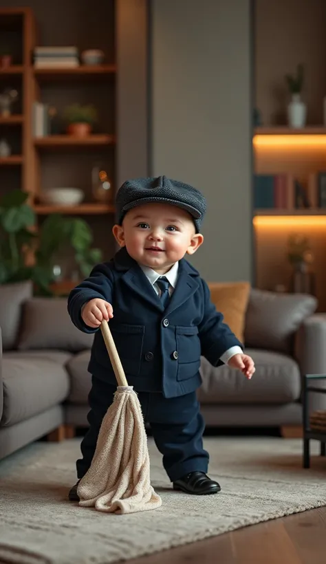 Create an Ultra realistic image, a modern hall room of expensive furnitures where five chubby tow-year-old baby boys doing household activities like cleaning  floor, sofa, cleaning glass door, cleaning shelf individually, dressed dark suits and iconic flat...