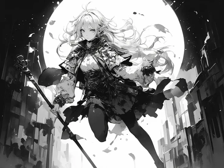 Black and white art. A Female elf. long hair, pointy ears, earrings, collared capelet with long sleeves, skirt, pantyhose, boots, holding a staff, looking at the viewer, floating in the air. big full moon in the background. okazu style