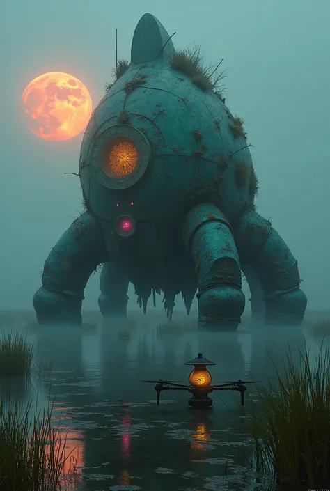 A towering, asymmetrical alien vehicle—resembling a fusion of a crustacean’s exoskeleton and shattered obsidian—rests half-submerged in a foggy, twilight marsh. Its jagged, iridescent hull glows faintly with bioluminescent patterns resembling constellation...