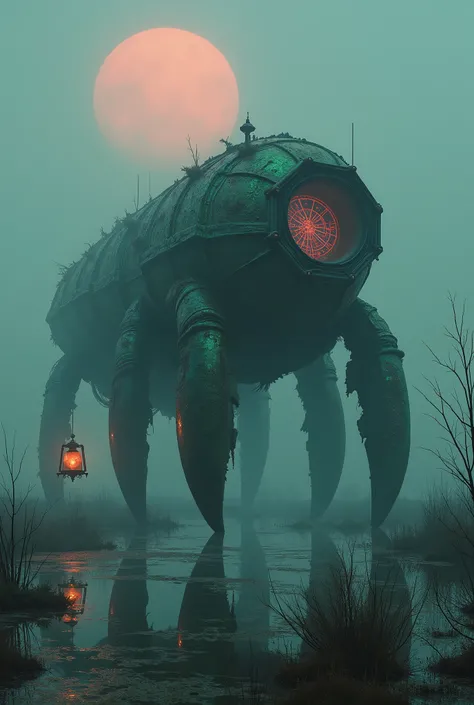 A towering, asymmetrical alien vehicle—resembling a fusion of a crustacean’s exoskeleton and shattered obsidian—rests half-submerged in a foggy, twilight marsh. Its jagged, iridescent hull glows faintly with bioluminescent patterns resembling constellation...