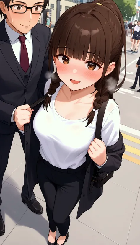 { top quality], [Very beautiful], [Ultra fine], [ best illustration], source_anime,stand,Brown Hair,hime cut, long hair,Braids,Excited face,Cutesy, Street Photography, woman closing her eyes getting sleepy,In the city, holding a black lady's bag, suit,OL,J...