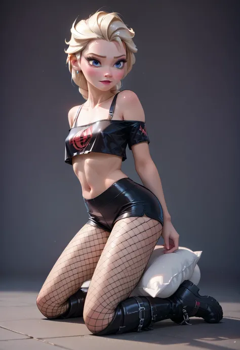 ((full body photo, standing, feet on the ground))  Elsa, tight black latex bike shorts, loose off the shoulders red crop top, visible bra straps, 2, young adult, rebelious, thick black leather boots, very long blonde twintails, fishnet pantyhose, kneeling,...