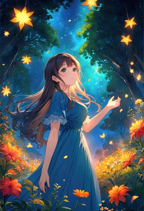 (   top quality 、  HD 、  Details、8k)、( Depict a beautiful face in every detail  )、  cute girl、A fantastic world where nature and girls interweave、   long hair that flutters like  、 wearing blue dress 、Night Sky、Shining Star、 look up at the sky .  beautiful...