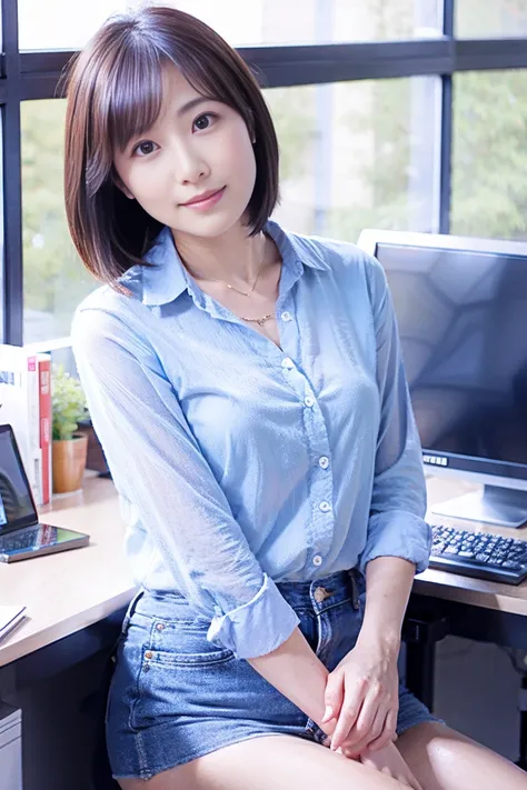 35-year-old Japanese woman with beautiful breasts and short black hair、Open chest shirt and miniskirt、At the office