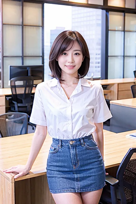 35-year-old Japanese woman with beautiful breasts and short black hair、Open chest shirt and miniskirt、At the office