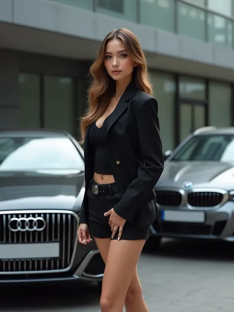  Kyrgyzstan model girl,  black shorts clothing , AUDI AND BMW between  