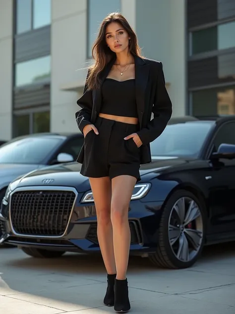  Kyrgyzstan model girl,  black shorts clothing , AUDI AND BMW between  