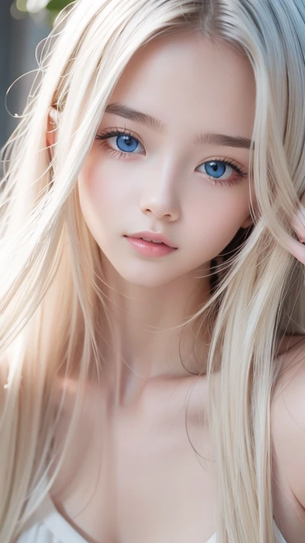  very beautiful white beautiful girl with super long bright blond hair 、The world's most perfect ultimate beautiful, extraordinary beauty 、 very bright baby ice that shines so beautifully, big white and blue eyes、, very bright iris with thin pigment 、bangs...