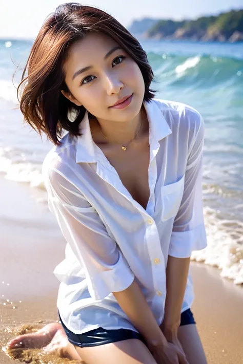 35-year-old Japanese woman with beautiful breasts and short black hair、Open chest shirt and miniskirt、 glossy lips on the beach 