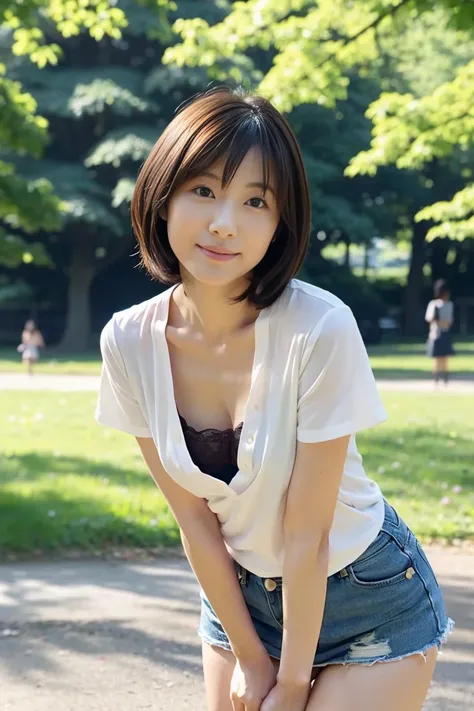 35-year-old Japanese woman with beautiful breasts and short black hair、Open chest shirt and miniskirt、 in the park