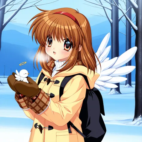 1girl, solo, tsukimiya ayu, Kanon, mid early, very aesthetic, (masterpiece:1.2), best quality, very aesthetic, (blush:0.5), intricate, intricate details, detailed background, sensitive, snow, duffle coat, brown mittens, small black rucksack, Small angel wi...