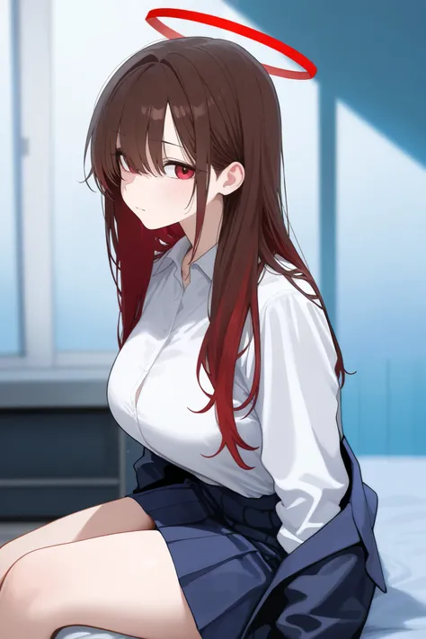 1 girl, Hair length reaches the back, Brown hair and red hair on the edges of the hair, red eyes, but not bright, wear a sexy school outfit, หน้าอกไซส์ปานกลาง, have a red halo