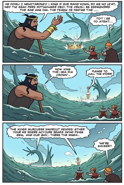 PAGE 4

Panel 1

CONTEXT: [The king, amidst the chaos, remembers his grandfather’s story.]

Character: King Sang Nila Utama Dialogue: “The Sea-King’s crown…!”

Panel 2

CONTEXT: [The king throws his crown into the raging sea.]

Character: King Sang Nila Ut...