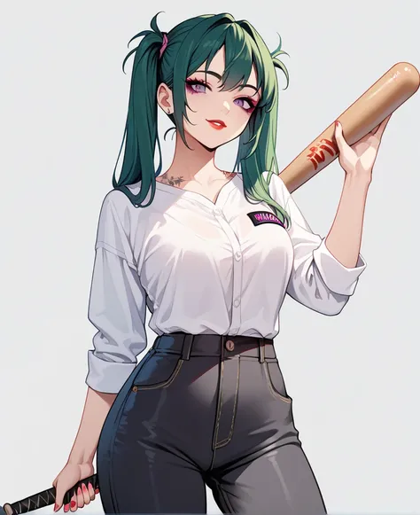 1girl, joker girl. Anime images, Dark green hair, twin-tails, red lips, dark makeup, bright purple eyes. White shirt, black pants. Sly smiled. Far angle, holding a baseball bat, tattoo 