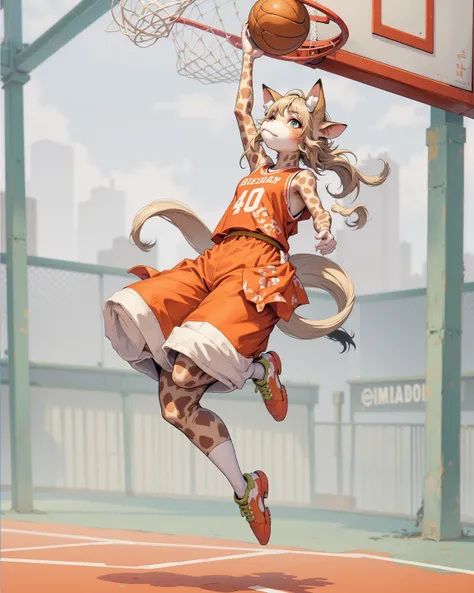 (furry , 1 giraffe girl , petit tits  , ponytail , loose baggy basketball uniform , dunk shoot) , (areola:0.8)