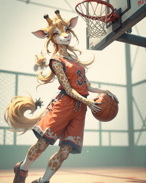 (furry , 1 giraffe girl , petit tits  , ponytail , loose baggy basketball uniform , dunk shoot) , (areola:0.8)