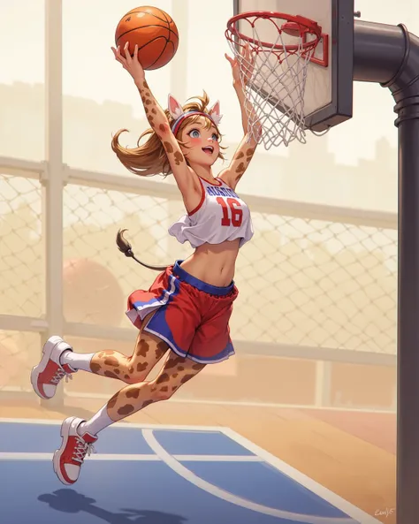 (furry , 1 giraffe girl , petit tits  , ponytail , loose baggy basketball uniform , dunk shoot) , (areola:0.8)