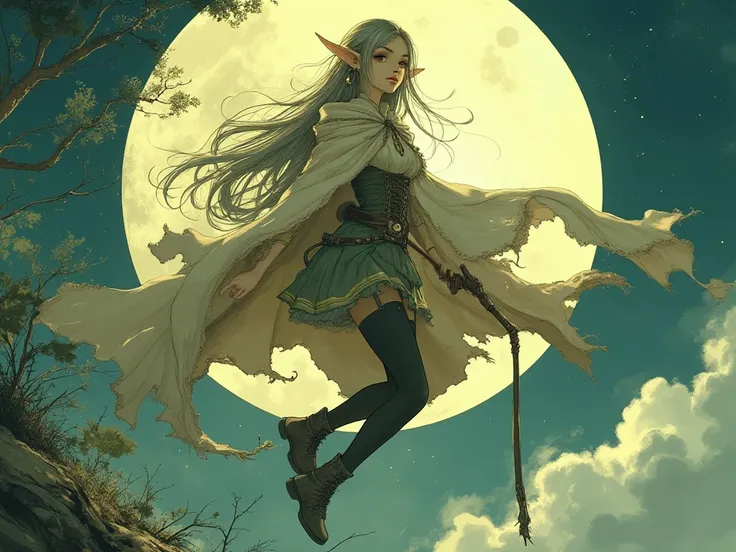 A Female elf. long hair, pointy ears, earrings, collared capelet with long sleeves, skirt, pantyhose, boots, holding a staff, looking at the viewer, floating in the air. big full moon in the background. Yuki Nishimoto style