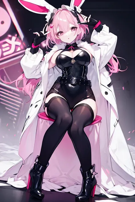  in the seat,  very detailed face,  white skin, long eyelashes,   red lips,   pink eye,  bob hair,  light pink hair ,  short hair,   large accentuated breasts, Black bunny suit, Black Bunny Girl Costume, first round,  sexy costume, Super Long Boots,  full ...