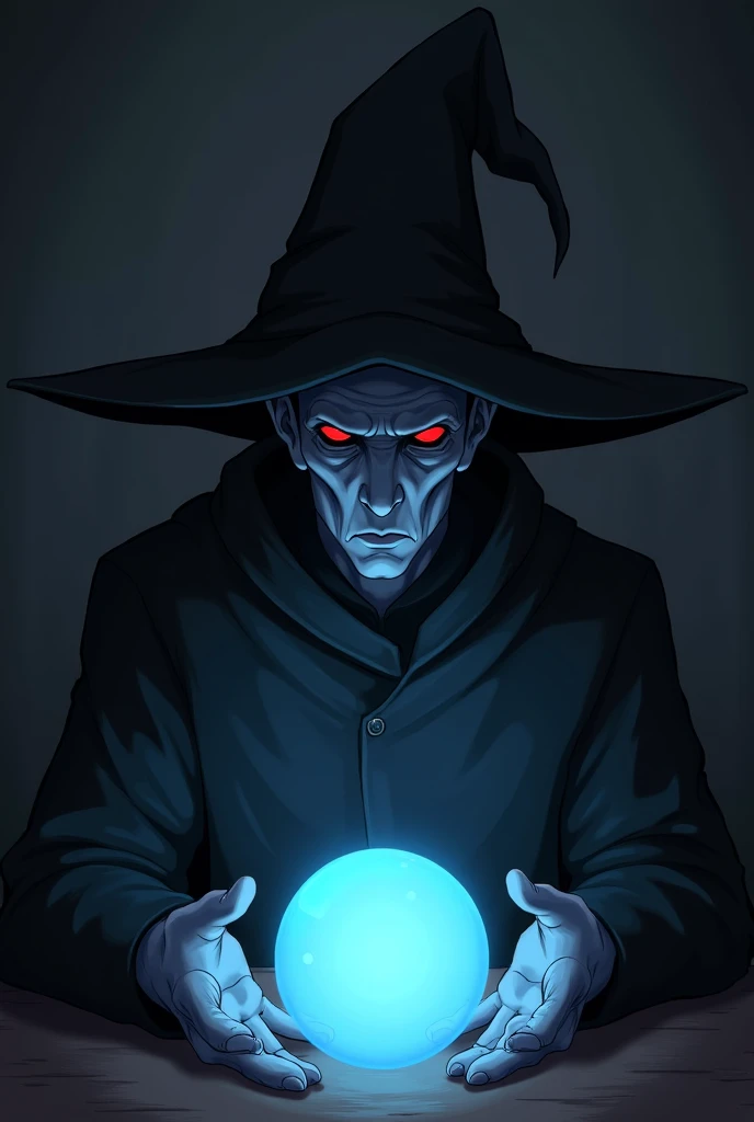 dark wizard, black eyes, glowing red pupils, black wizard hat, black robe, dark room, sitting in front of crystal orb, bald demon, light blue skin, wrinkles, anime-realistic style, 2d art