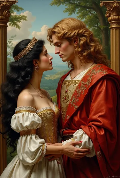 Renaissance painting of a dark-haired princess with long, curly hair and a yellow-haired prince 